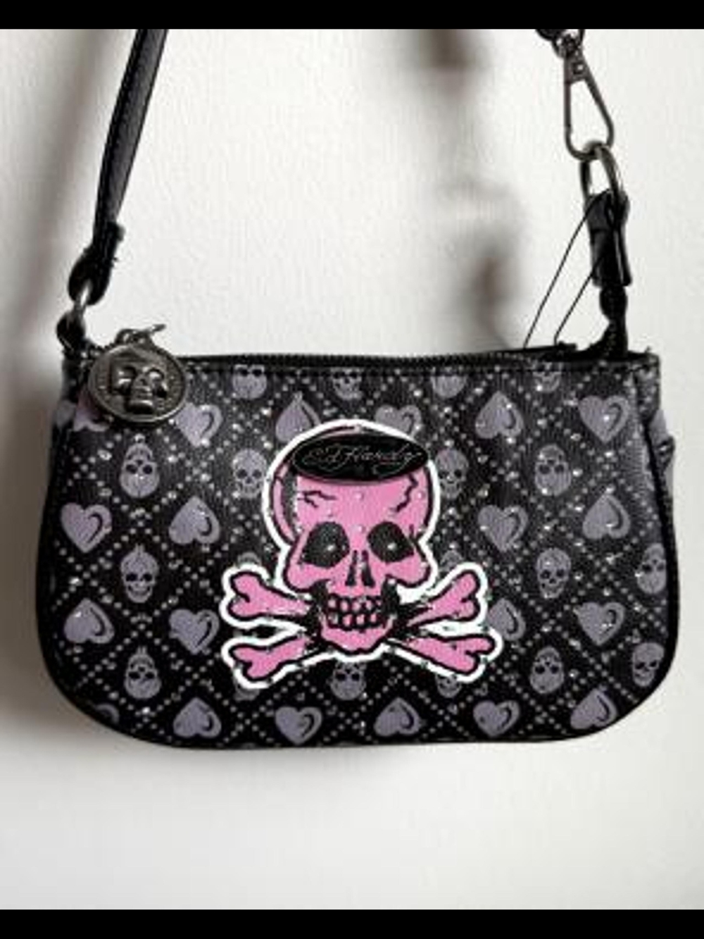 Ed Hardy Small Shoulder Bag Black/Pink/Gray, Skull Heart Print Zip, Lined